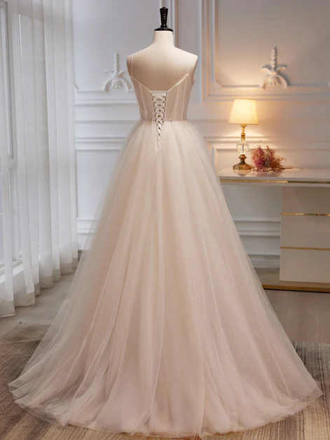 Elegant A Line Spaghetti Straps Lvory Tulle with Flowers Long Prom Dress,Evening Dress GG246