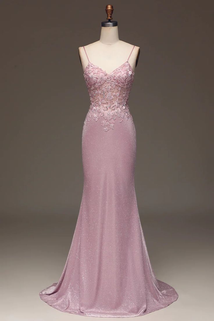 Glitter Mermaid Spaghetti Straps Dusty Rose Beading Applique Long Prom Dress,Evening Dresses GG257