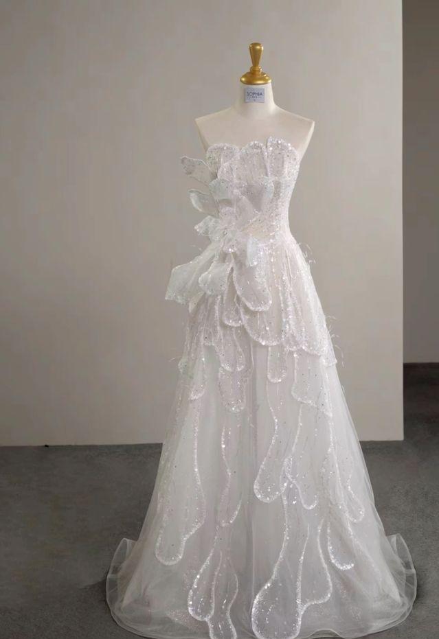 Elegant A Line Strapless White Beading Sequin Tulle Long Prom Dress,Evening Dresses GG258