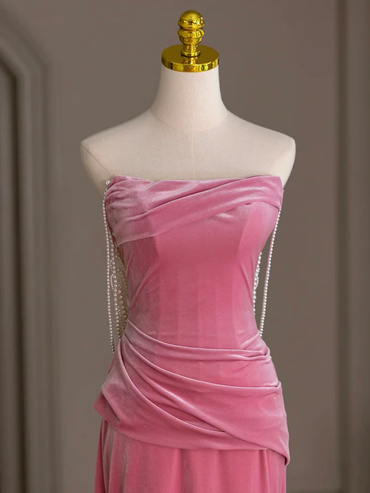 Elegant Mermaid Strapless Dusty Rose Velvet Beading Long Prom Gresses,Evening Dresses GG264