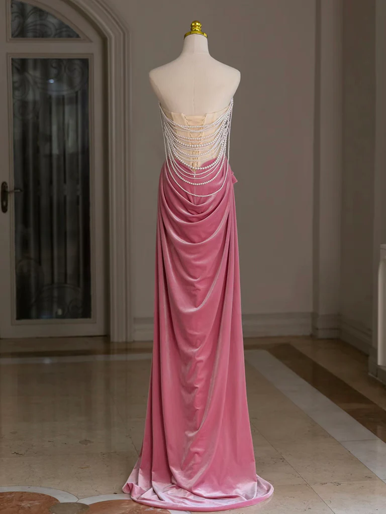 Elegant Mermaid Strapless Dusty Rose Velvet Beading Long Prom Gresses,Evening Dresses GG264
