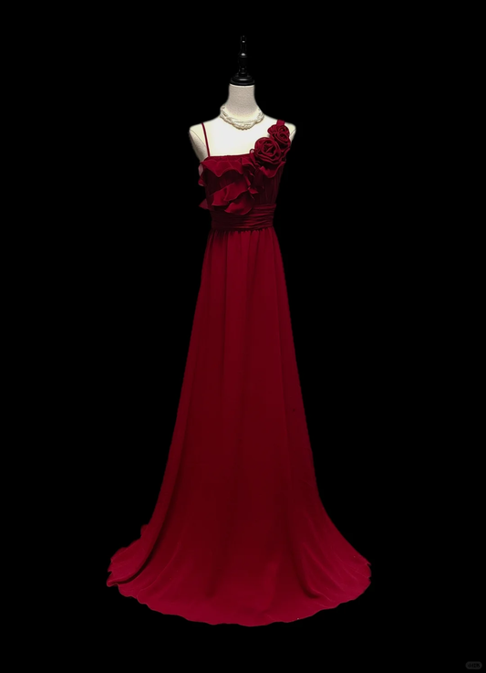 Elegant A Line Spaghetti Straps Burgundy Chiffon Flowers Long Prom Dress, Party Dress, Evening Dress GG2737