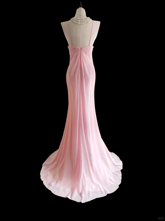 Cute Mermaid Halter Pink Chiffon Long Prom Dress, Party Dress, Evening Dress GG2738