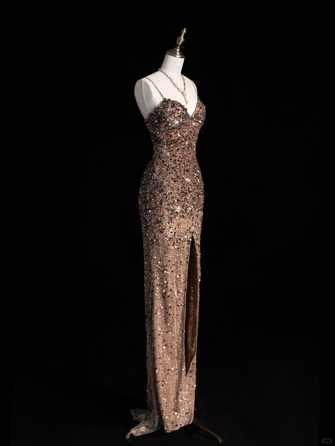 Glitter Mermaid Spaghetti Straps Satin Sequin Slit Long Prom Dress, Party Dress, Evening Dress GG2888
