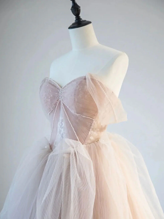 Elegant A Line Champagne Pink Off The Shoulder Tulle Lace Beading Long Prom Dress, Evening Dress GG290