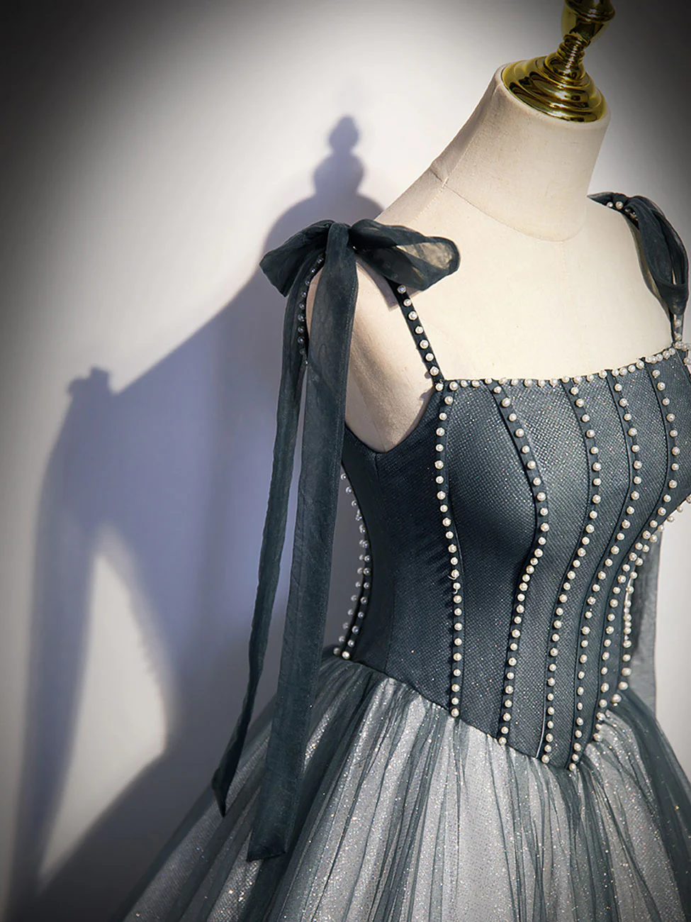 Delicate A Line Spaghetti Straps Bow Shoulder Beading Tulle Long Prom Dress,Evening Dress GG299