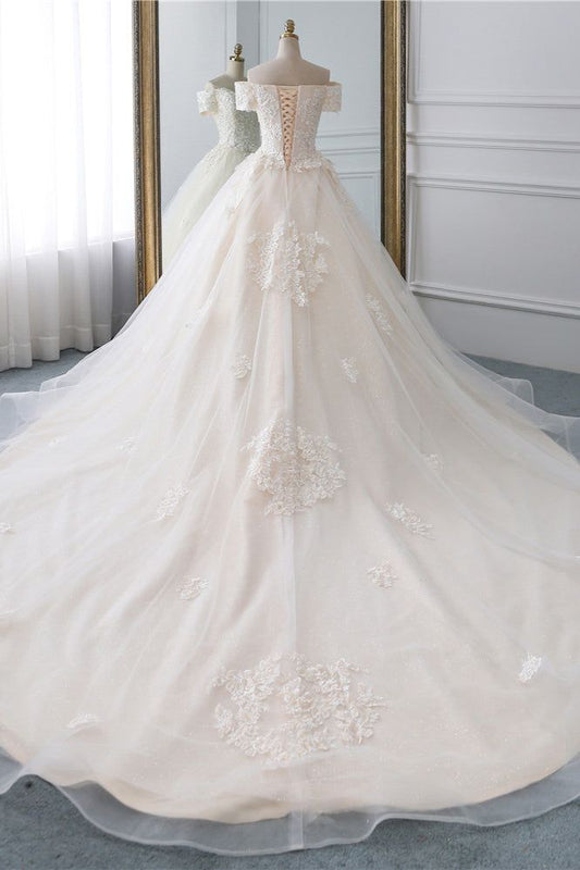 Classy Elegant A Line Off The Shoulder Light Champagne Tulle Applique With Train Short Sleeves Long Wedding Dress GG3012