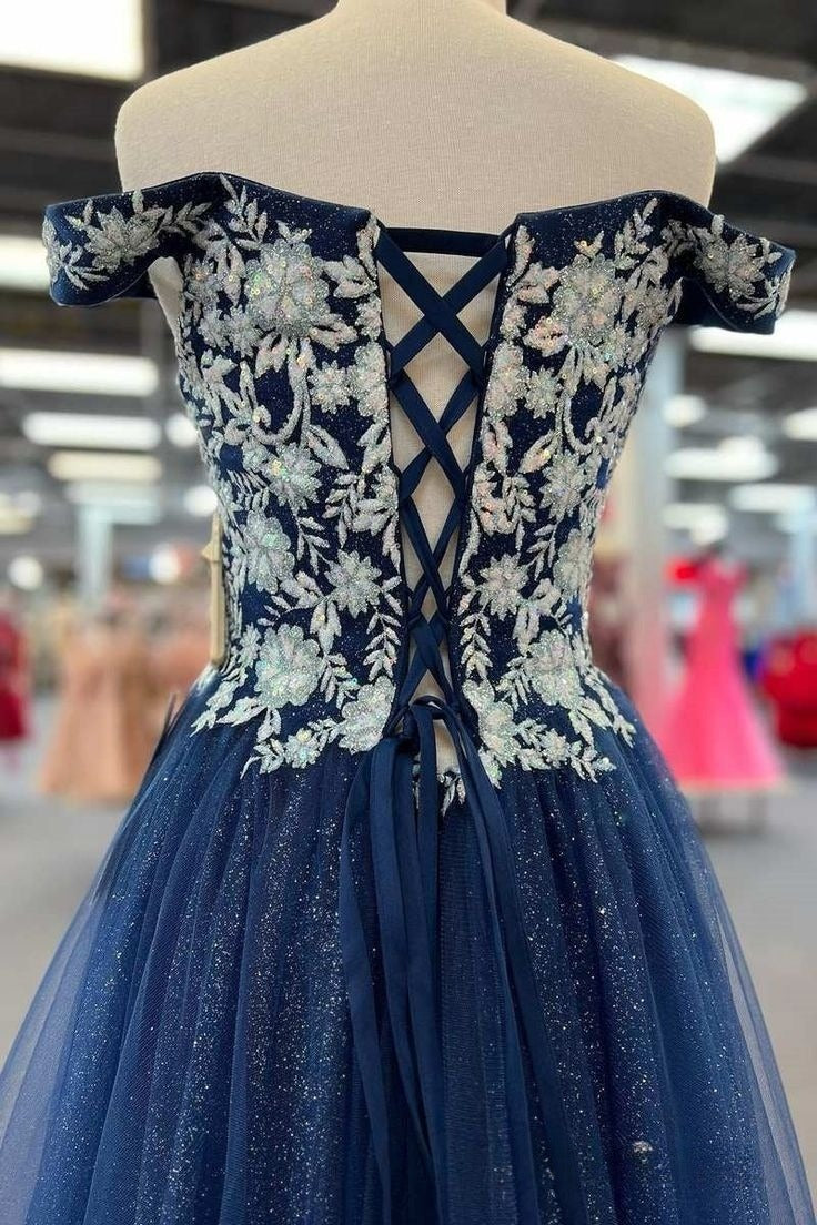 Classy A Line Off The Shoulder Navy Blue Tulle Sequin Long Mother Of Bride Dress,Evening Dress GG3047