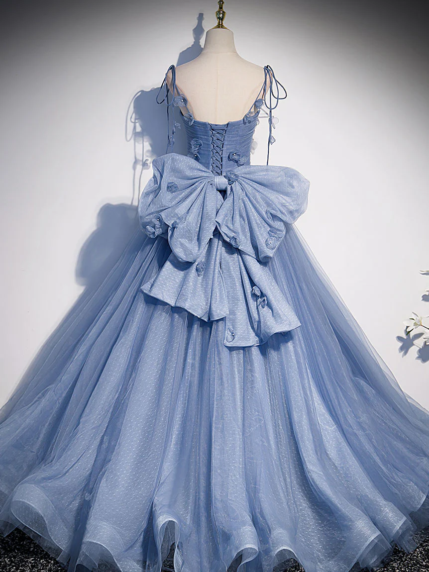 Delicate A Line Spaghetti Straps Blue 3D Floral Beaded Back Bow Tulle Long Prom Dress,Evening Dress GG305