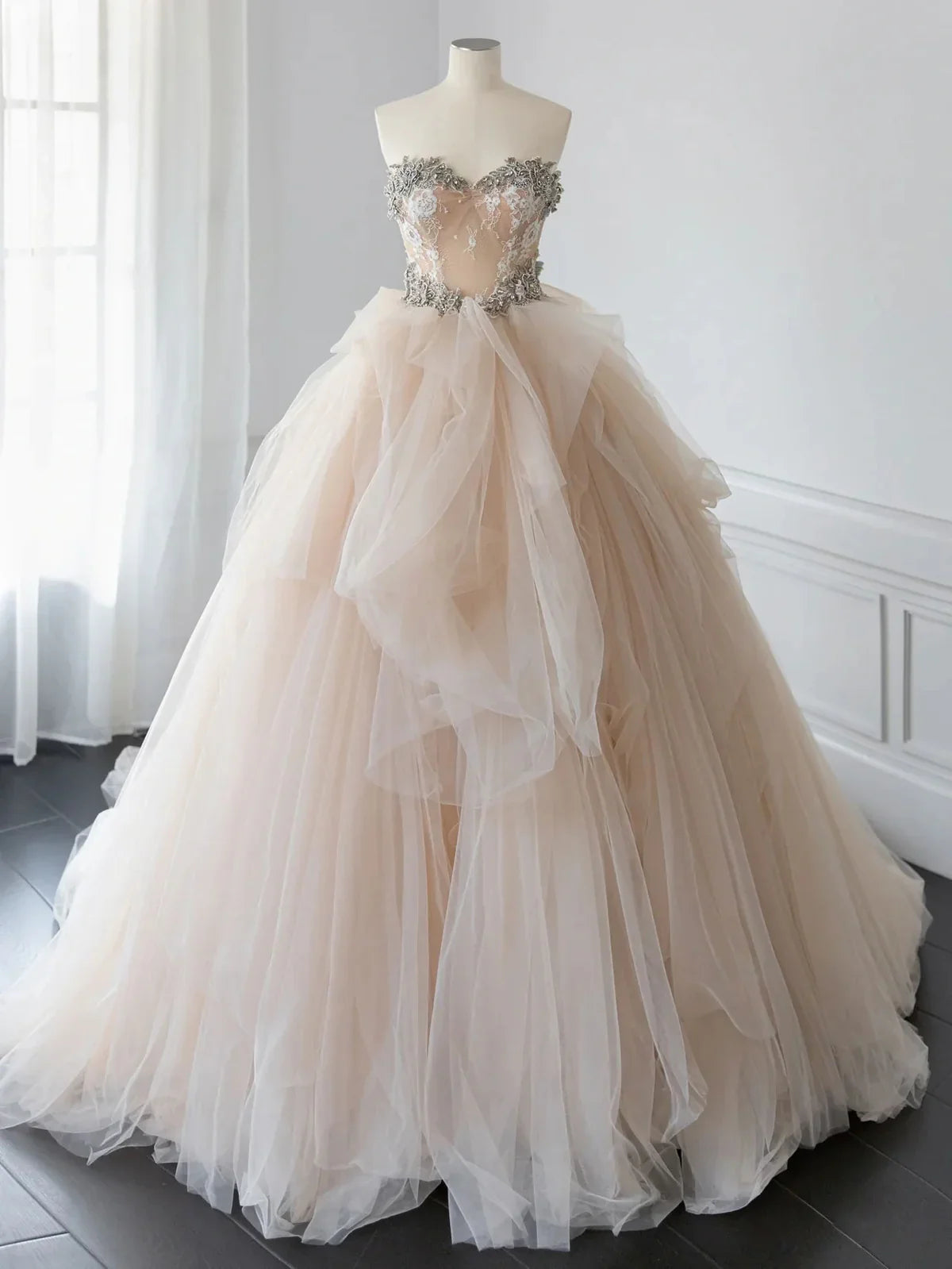 Delicate A Line Strapless Sweetheart Champagne Tulle Lace Long Prom Dress,Wedding Dress,Evening Dress GG306