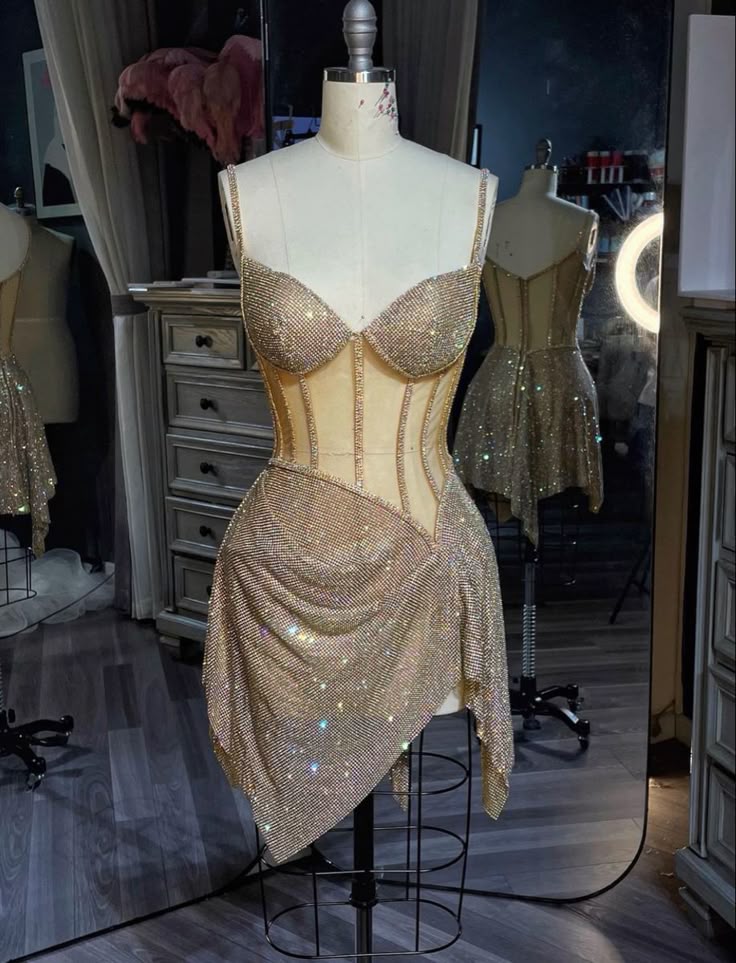 Gold Mermaid Spaghetti Straps Tulle Sequin Short Prom Dress,Homecoming Dress,Birthday Dress GG3332