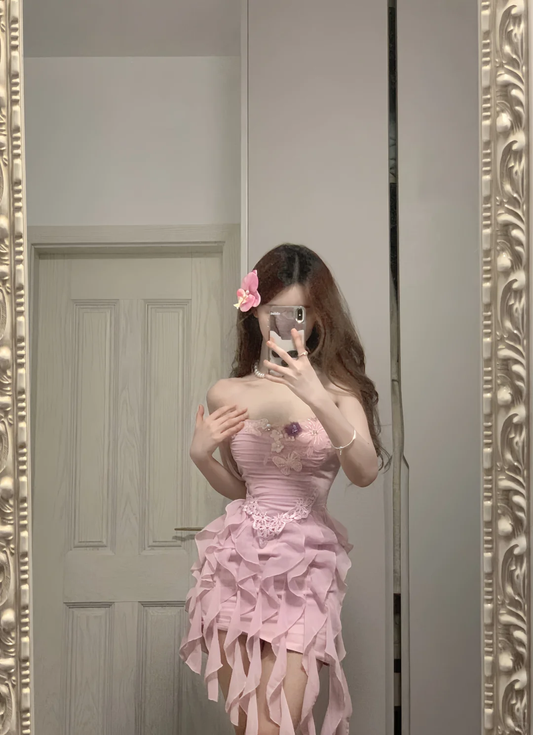 Pink A Line Strapless Chiffon Ruffles Short Prom Dress,Homecoming Dress,Birthday Dress GG3371