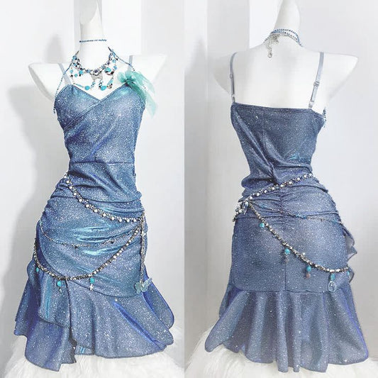 Glitter Mermaid Spaghetti Straps Satin Sequin Short Prom Dress,Homecoming Dress,Birthday Dress GG3419