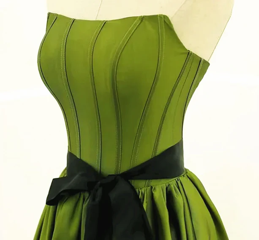 Elegant A Line Strapless Green Satin Black Belt Long Prom Dress,Evening Dress GG343