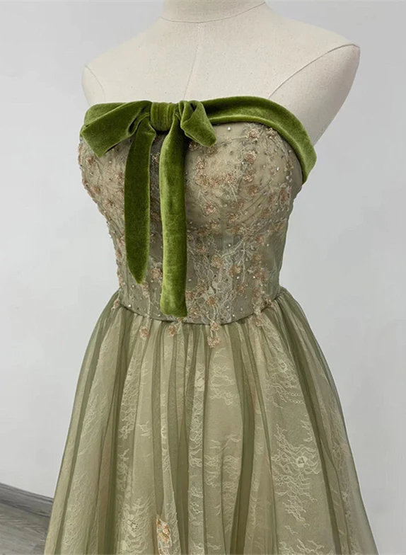 Elegant A Line Strapless Green Satin Bow Long Prom Dress,Evening Dress GG344