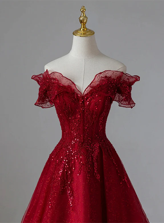 Elegant A Line Off The Shoulder Sweetheart Wine Red Tulle Sequin Long Prom Dress,Evening Dress GG347