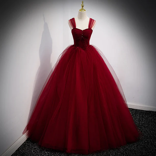 Charming A Line Off The Shoulder Wine Red Tulle Long Prom Dress,Evening Dress GG364