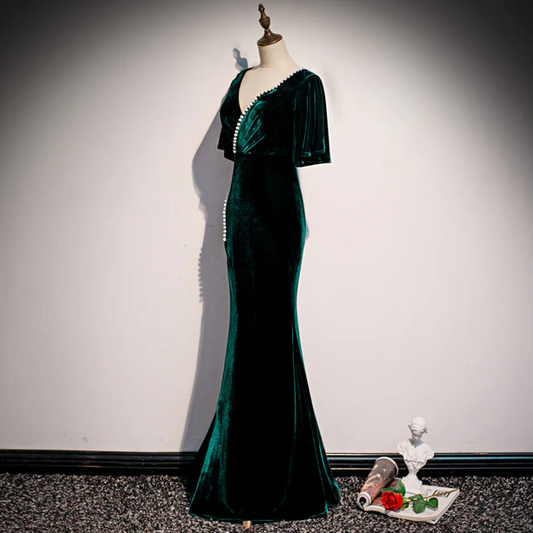 Glam Mermaid V Neckline Dark Green Velvet Beaded Slit Long Prom Dress,Evening Dress GG373