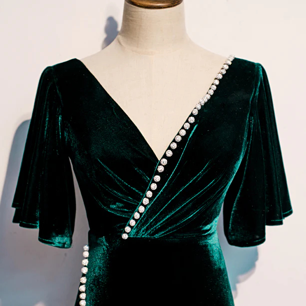 Glam Mermaid V Neckline Dark Green Velvet Beaded Slit Long Prom Dress,Evening Dress GG373