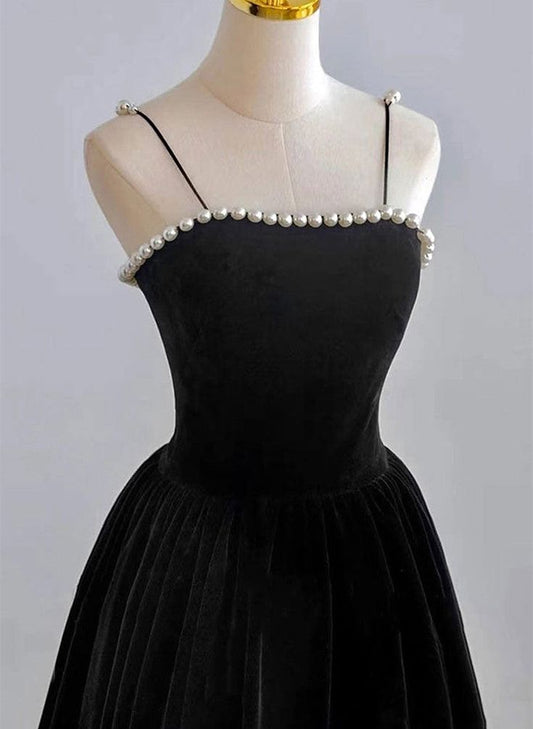 Elegant A Line Spaghetti Straps Beaded Black Velvet Tea Length Prom Dresses,Evening Dresses GG397