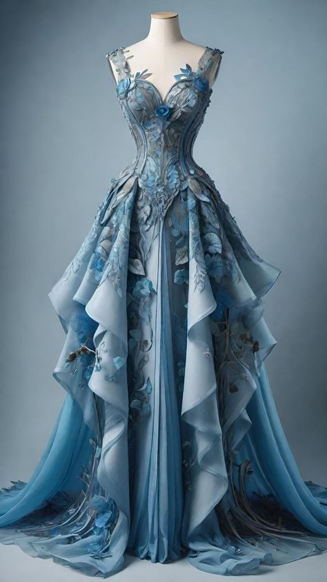 Vintage A Line Sweetheart Blue Chiffon Applique Ripple Long Prom Dress, Evening Dress GG410