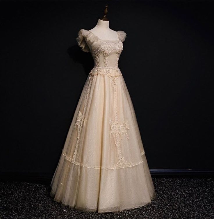 Gorgeous A Line Square Applique Champagne Tulle Long Prom Dress, Evening Dress GG448
