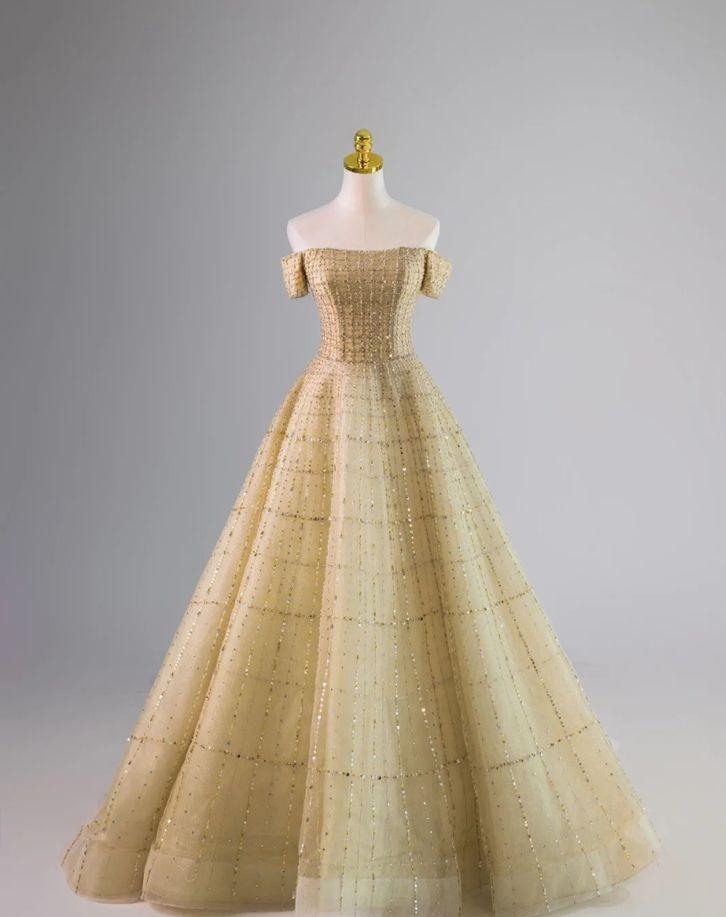 Gorgeous A Line Off The Shoulder Beaded Golden Tulle Long Prom Dress, Evening Dress GG451