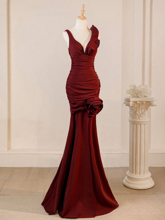Pretty V Neck Burgundy Mermaid Satin Flower Long Prom Dress,Party Dress,Formal Evening Dress GG4720