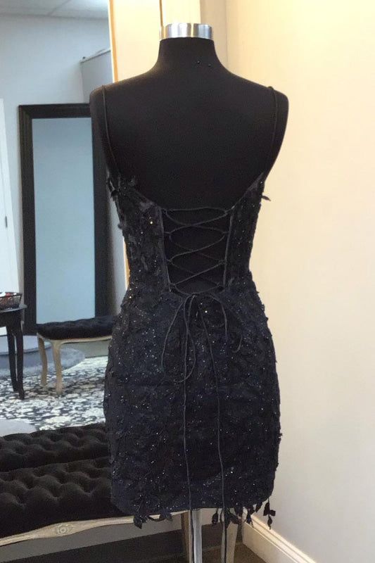 Classy Mermaid Black Sapghetti Straps Satin Beads Short Homecoming Dress,Vacation Dress,Summer 21th Birthday Dress GG4726