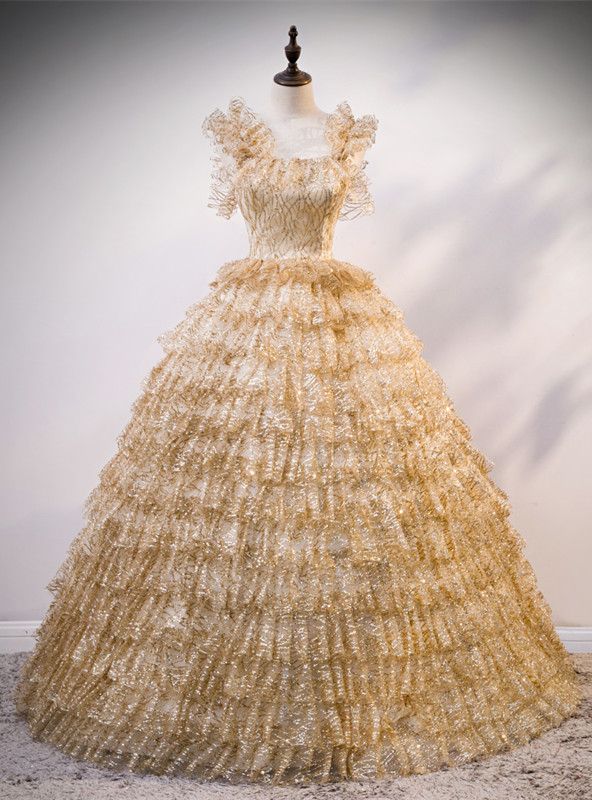 Gorgeous Ball Gown Square Golden Tiers Tulle Sequin Long Prom Dress,Evening Dress GG480
