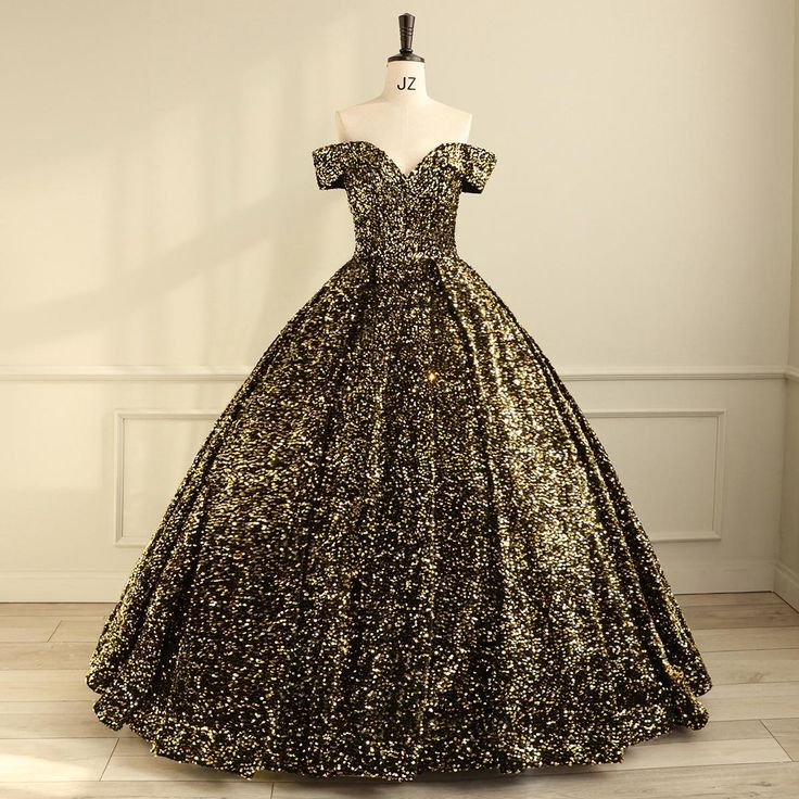 Shiny Ball Gown Off The Shoulder Blackgold Sequin Long Prom Dress,Evening Dress GG481