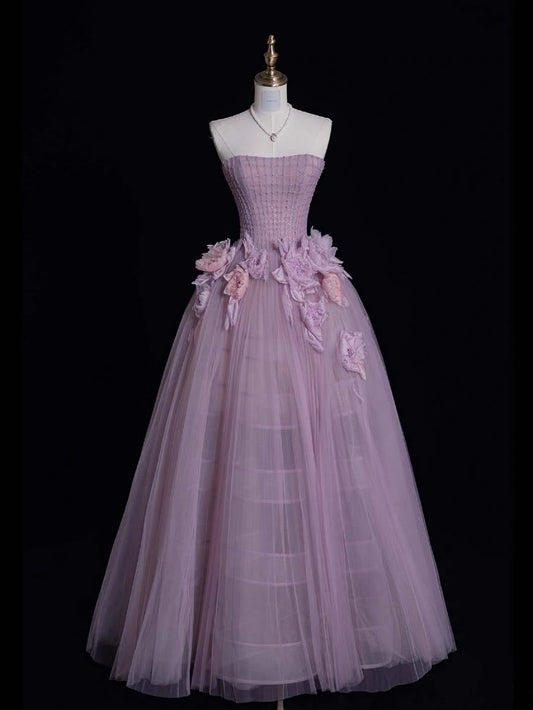 Modest A Line Strapless Tulle Applique Long Prom Dress,Evening Dress GG5212