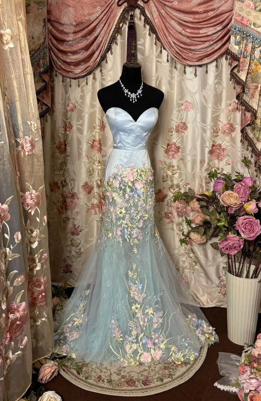 Obsessed Mermaid Sweetheart Satin Tulle Applique Without Sleeves Long Prom Dress,Evening Dress GG5437