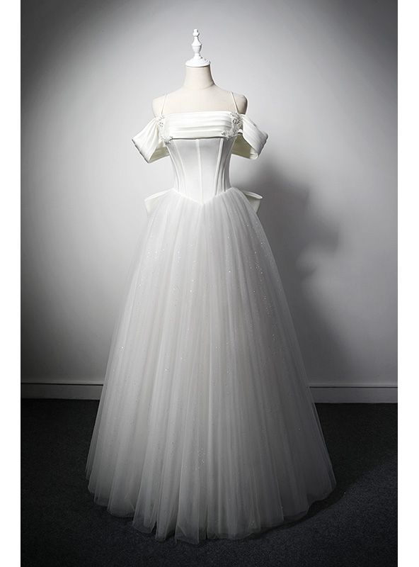 Graceful A Line Spaghetti Straps White Tulle Sequins Long Prom Dress,Evening Dress GG572