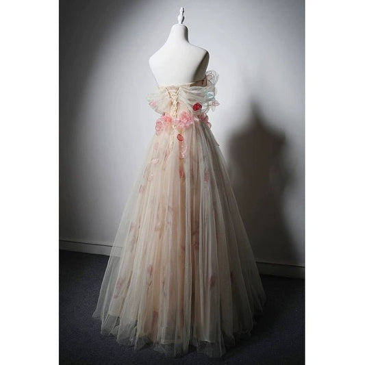 Glitter A Line Off The Shoulder Champagne Tulle Floral Long Prom Dress,Evening Dress GG573