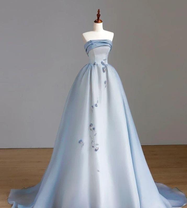 Elegant A Line Strapless Pale Blue Satin Pleats Long Prom Dress,Evening Dress GG660