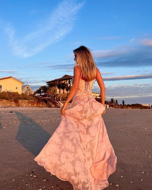 Elegant A Line Spaghetti Straps Pink Chiffon Printing Long Prom Dress,Evening Dress GG779