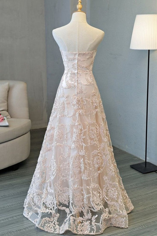 Glam A Line Strapless Pink Lace Sequin Long Prom Dress,Evening Dress GG850