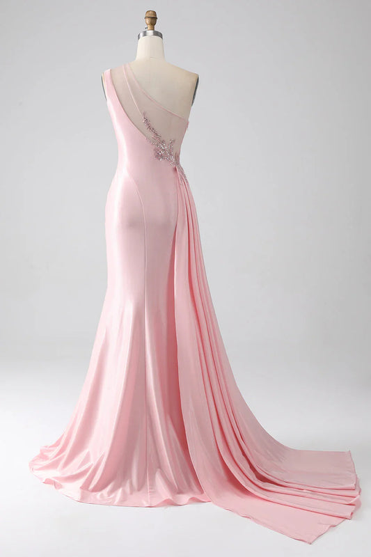 omberprom Pink Mermaid Long Prom Dress One Shoulder Sequins Appliques Ruched With Slit