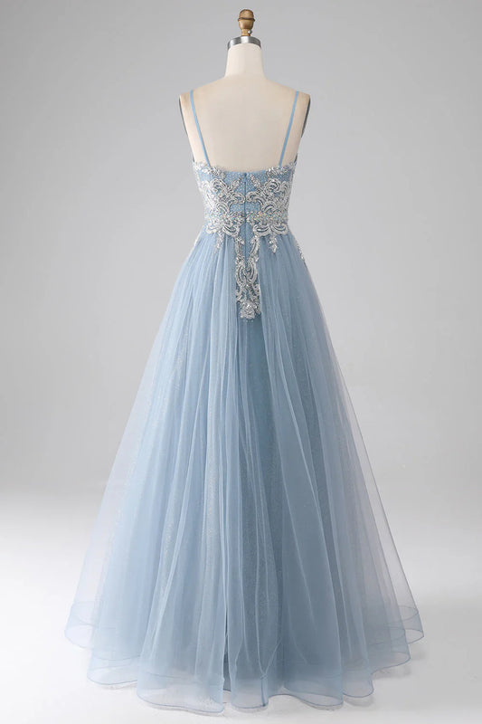 omberprom Long Prom Dress Sparkly Grey Blue Mermaid Spaghetti Straps Sequin Evening Dress