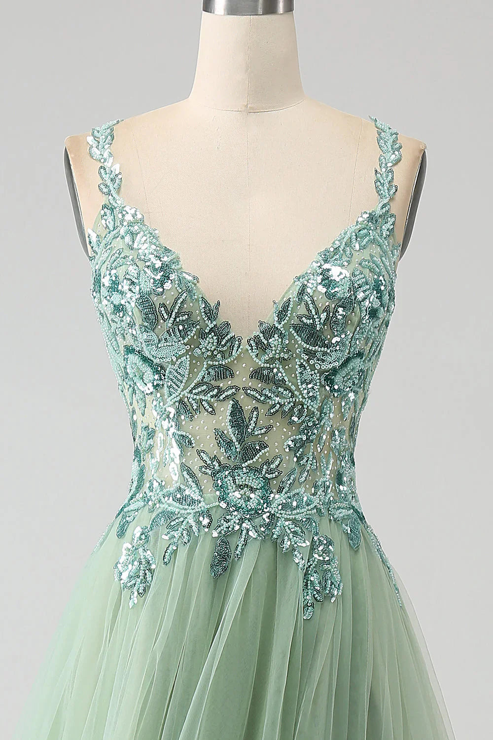 omberprom A Line Long Prom Dress Spaghetti Straps with Appliques Gorgeous Light Green