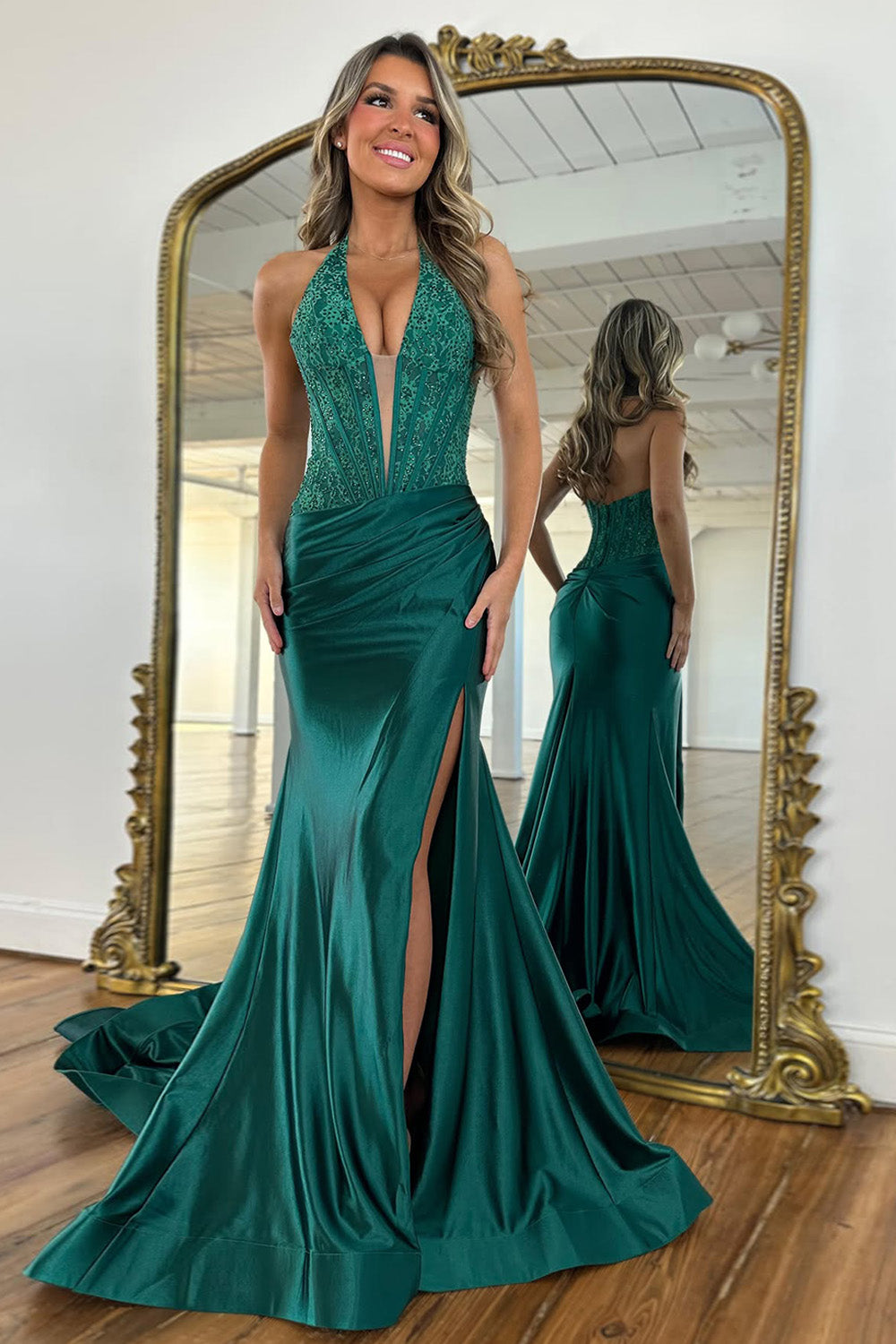 Glamorous Satin Dark Green Lace Halter Mermaid Prom Dress with Slit