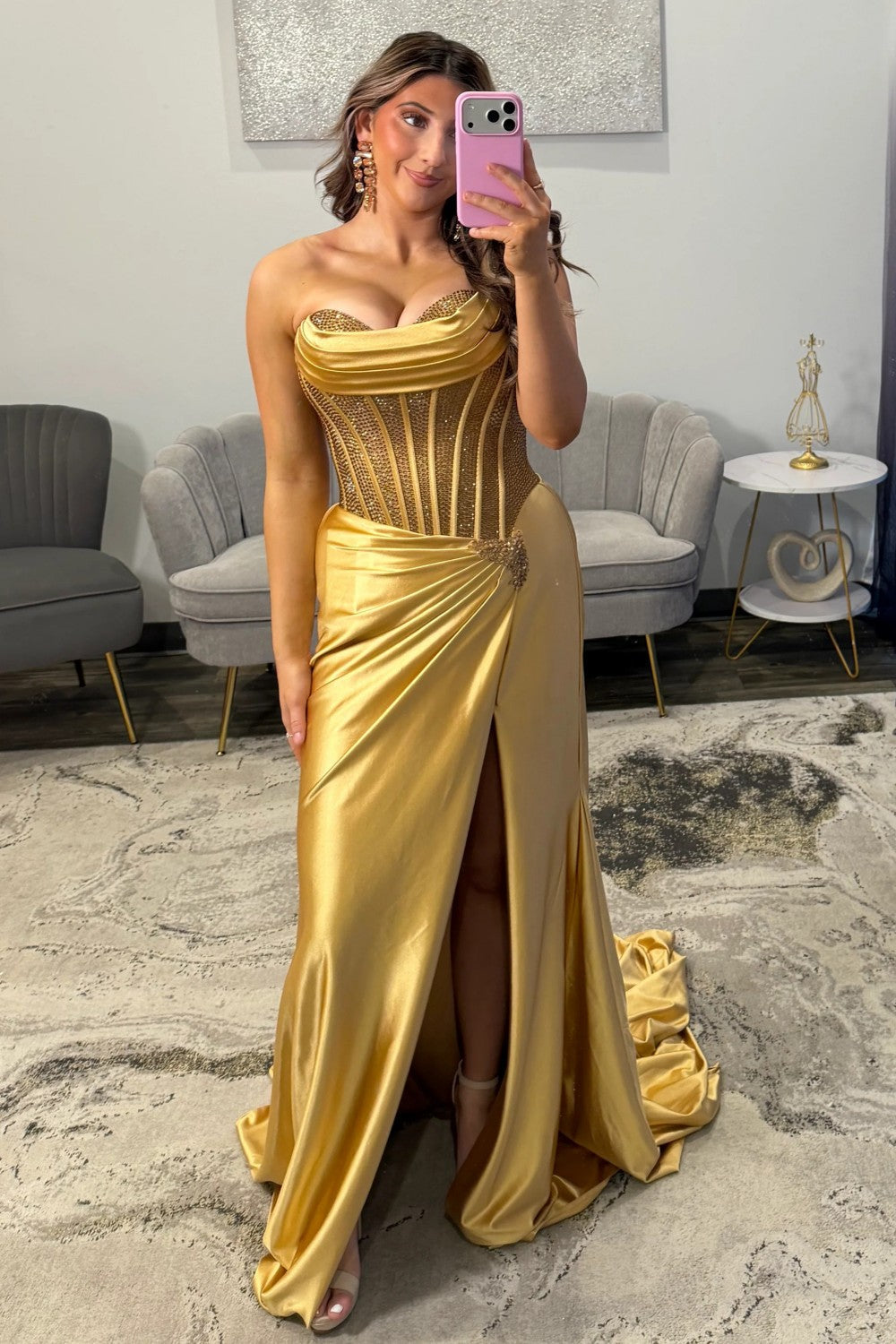 Glamorous Silver Sweetheart Long Satin Corset Prom Dress with Beaded Top