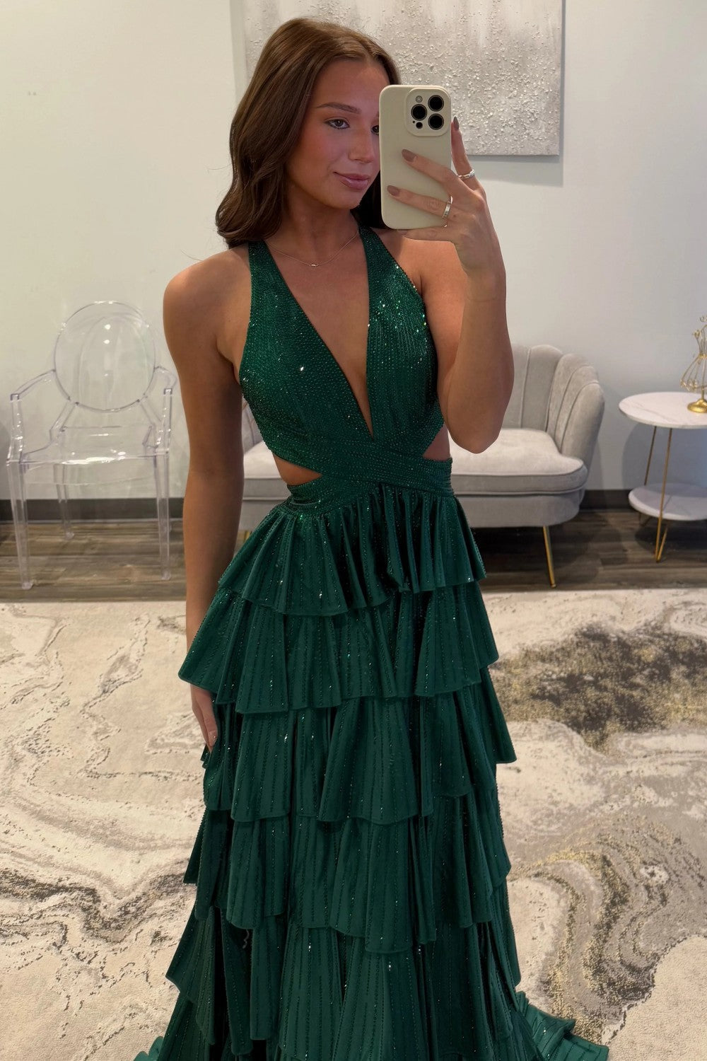 Sexy Sparkly Black A-Line V-Neck Layered Beaded Prom Dress with Leg Slit