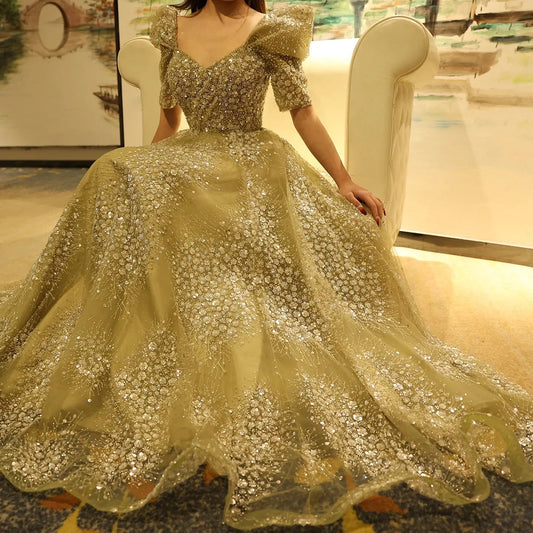 Gorgeous Sparkling Beaded Sequin Short-sleeve A-Line Long Prom Dress Evening Dress TP4557