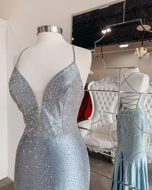 Glitter Beaded Criss Cross Back Mermaid Prom Dress