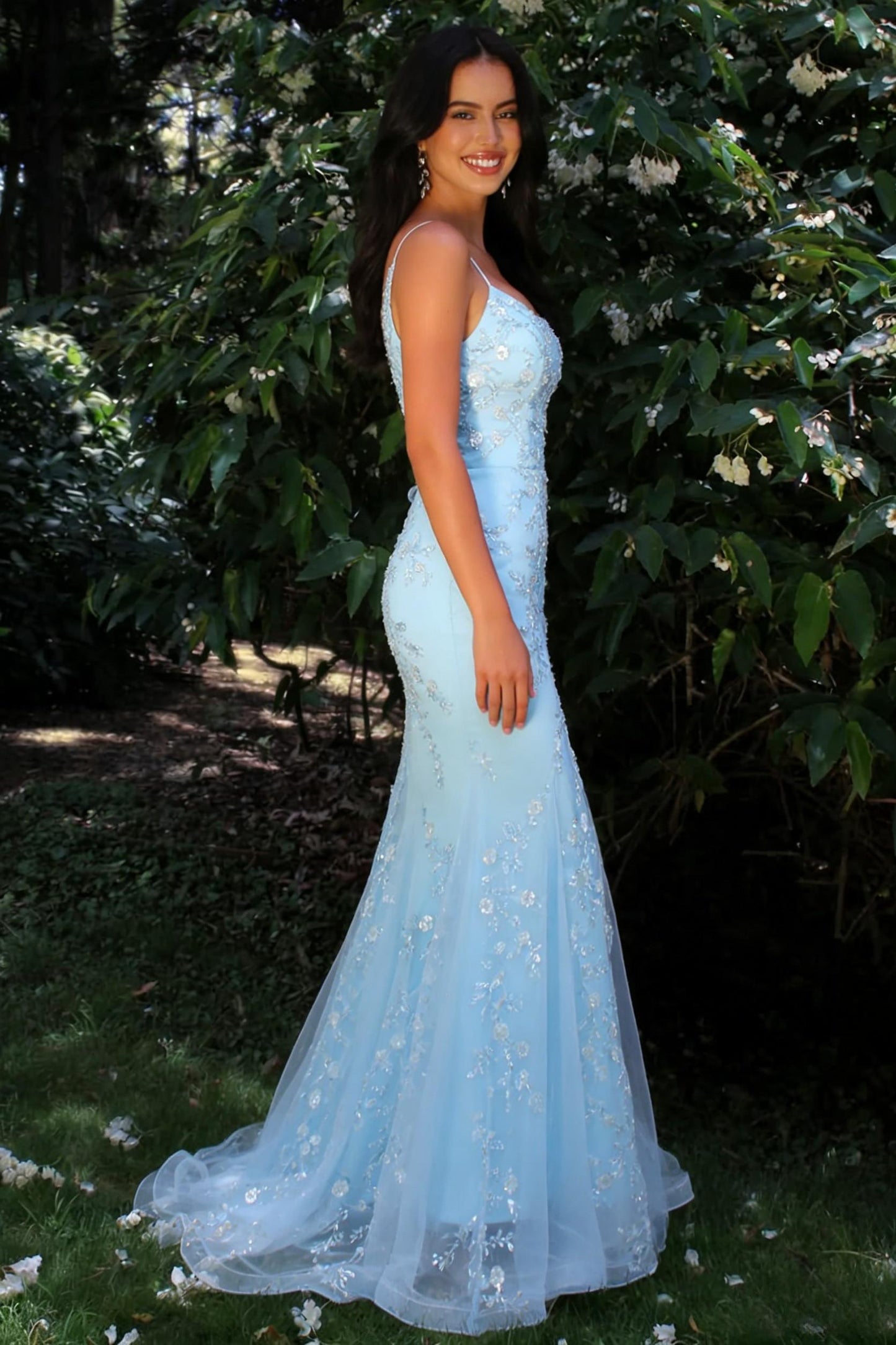 Glitter Light Blue Spaghetti Straps Floral Appliqué Mermaid Prom Dress