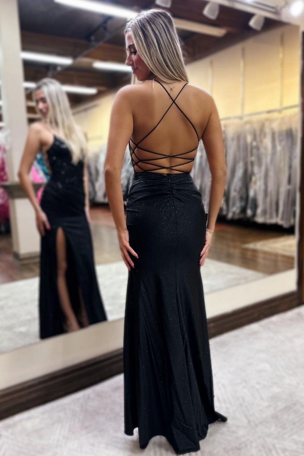 Glitter Royal Blue Spaghetti Straps Lace Up Prom Dress with Lace Top