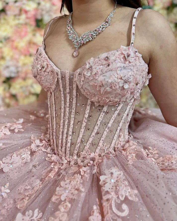 Glittery Blush Pink Tulle Quinceanera Dresses Lace Appliques Beaded Sweet 16 Pink Party Dresses,AST2117
