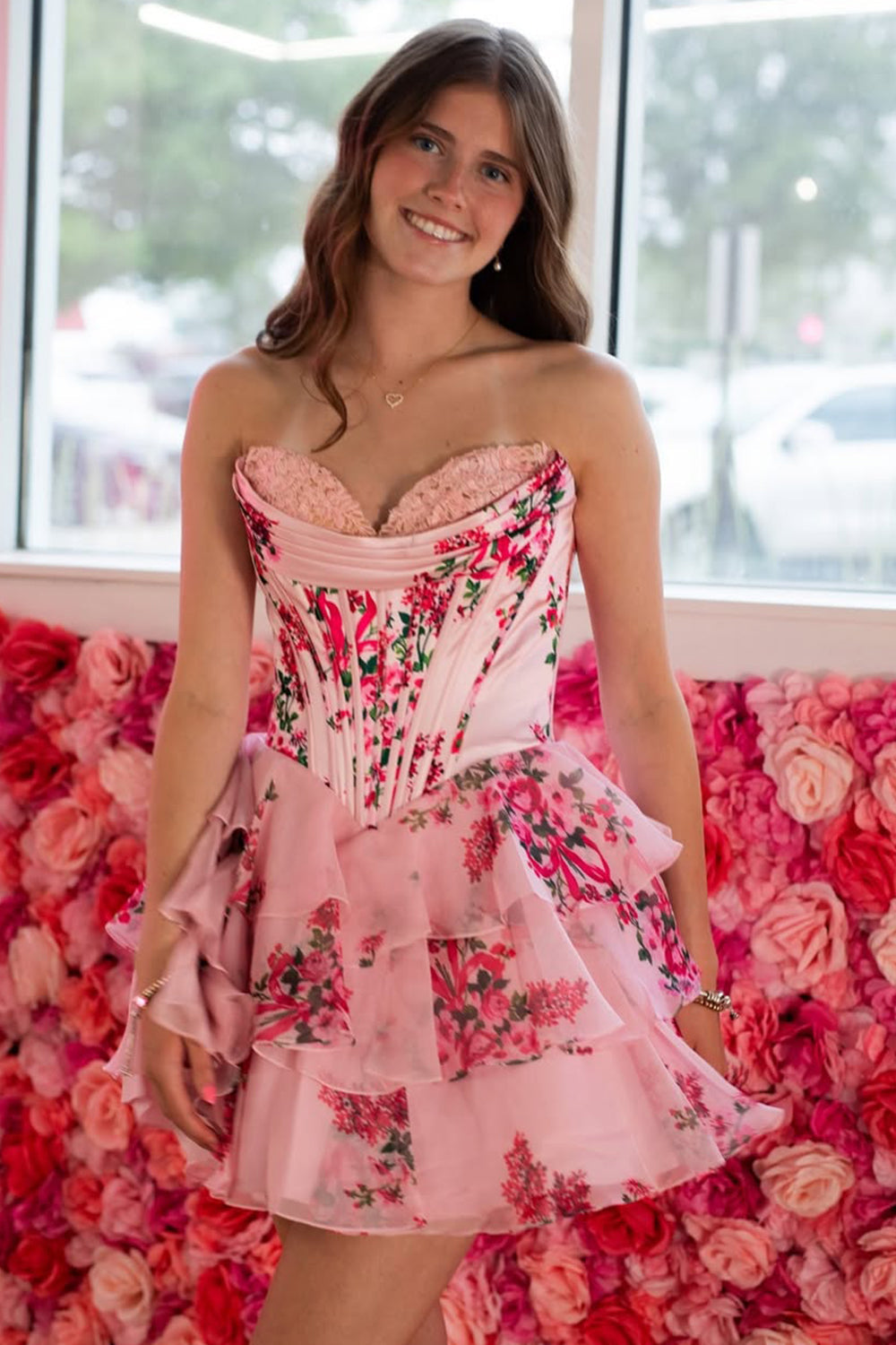 Gorgeous A-Line Sweetheart Floral Print Short Layered Homecoming Dress